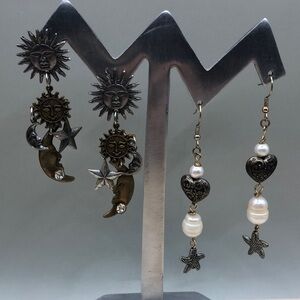 Vintage star moon sun charm earrings, artisan heart sea life pearl earrings.